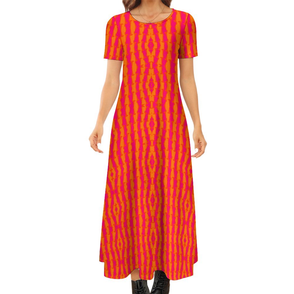 ornamental hot pink & orange Short Sleeve Round-Neck Long Dress