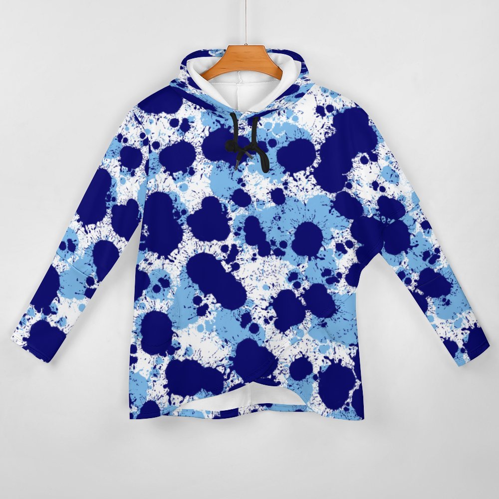 Blue and White Paint Splatter Hoodie Women's Mid-length Slim Fit Hoodie