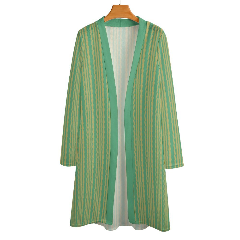 boho cyan beige striped Women's Mid-Length Cardigan (NZ060)