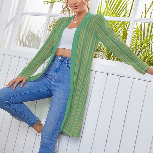 boho cyan beige striped Women's Mid-Length Cardigan (NZ060)