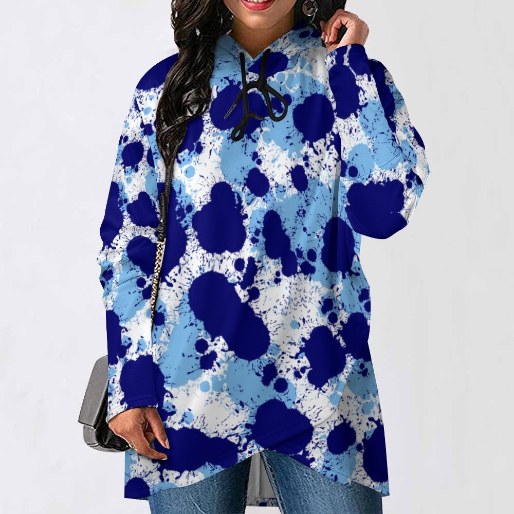 Blue and White Paint Splatter Hoodie Women's Mid-length Slim Fit Hoodie