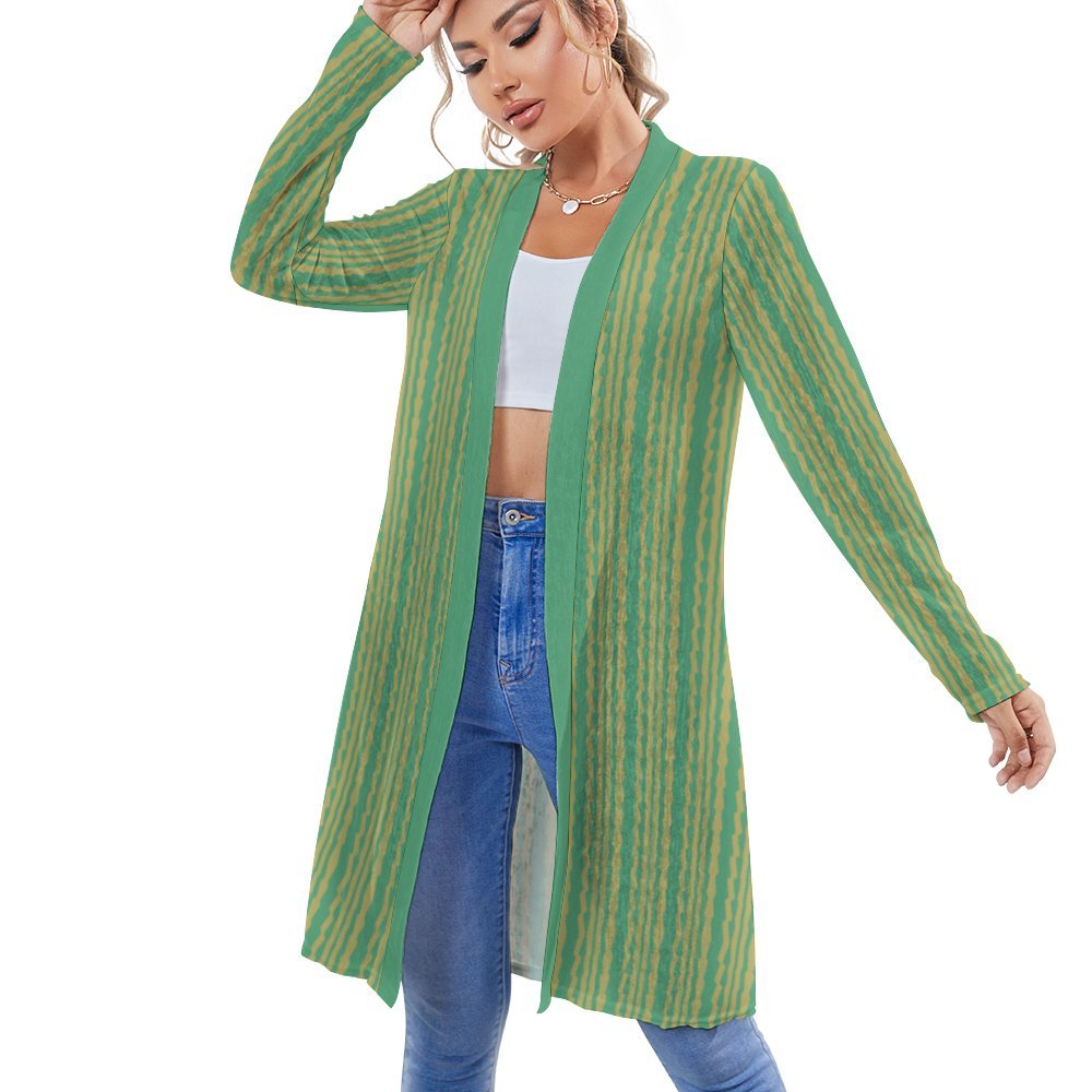 boho cyan beige striped Women's Mid-Length Cardigan (NZ060)