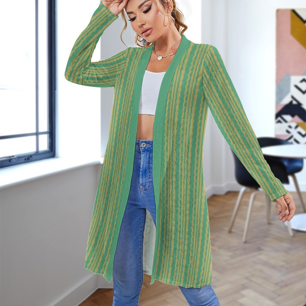 boho cyan beige striped Women's Mid-Length Cardigan (NZ060)