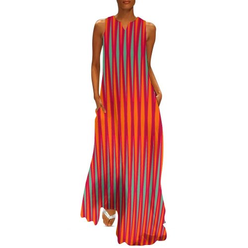 Tribal striped burgundy orange fucsia azure Sleeveless Long Dress (GQ)