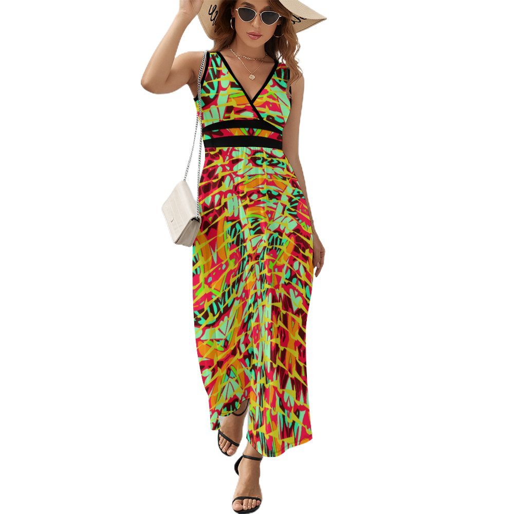 Psychedelic vibrant ornamental neo retro yellow Sleeveless Long Dress (NZ028)