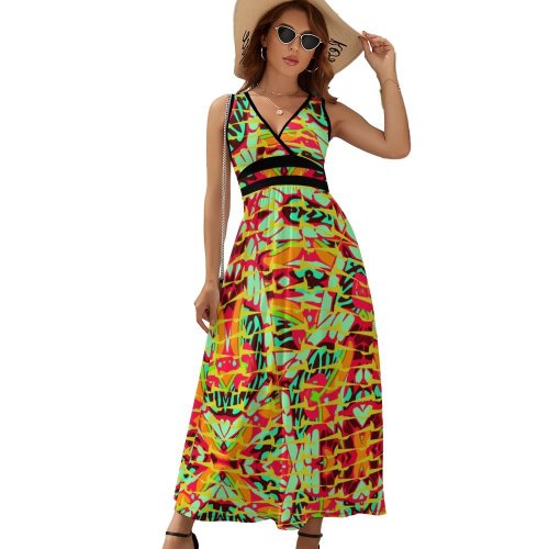 Psychedelic vibrant ornamental neo retro yellow Sleeveless Long Dress (NZ028)