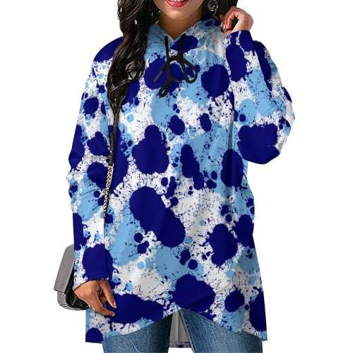 Blue and White Paint Splatter Hoodie Women's Mid-length Slim Fit Hoodie