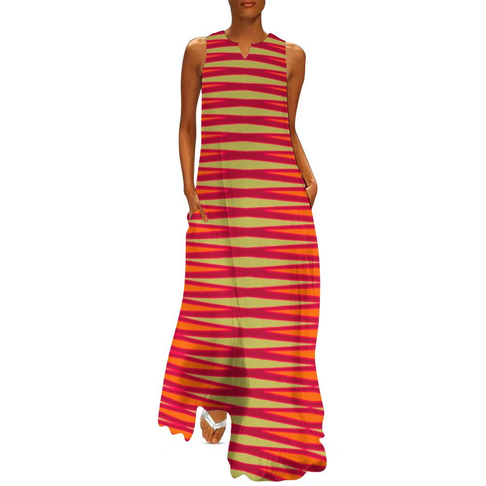 Tribal striped cream orange deep magenta Sleeveless Long Dress (GQ)