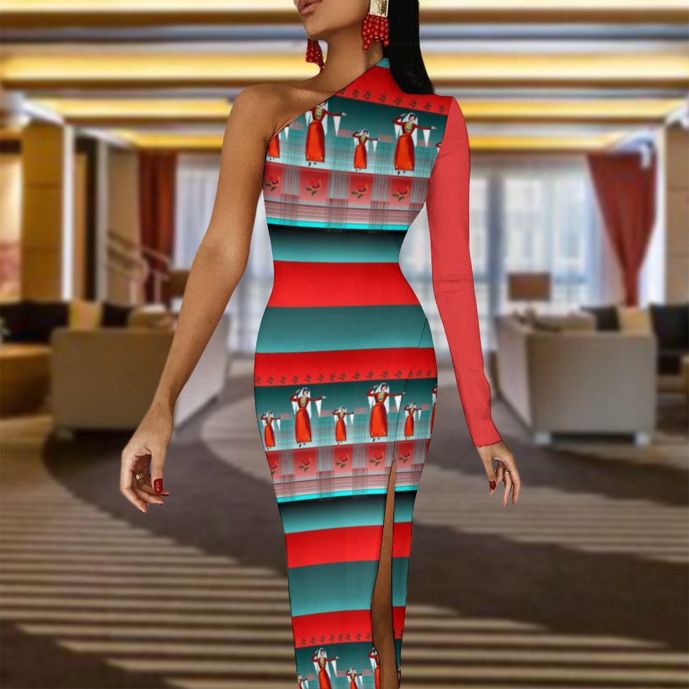 Armenian Dancers Half sleeve split dress One-Shoulder Slit Maxi Dress