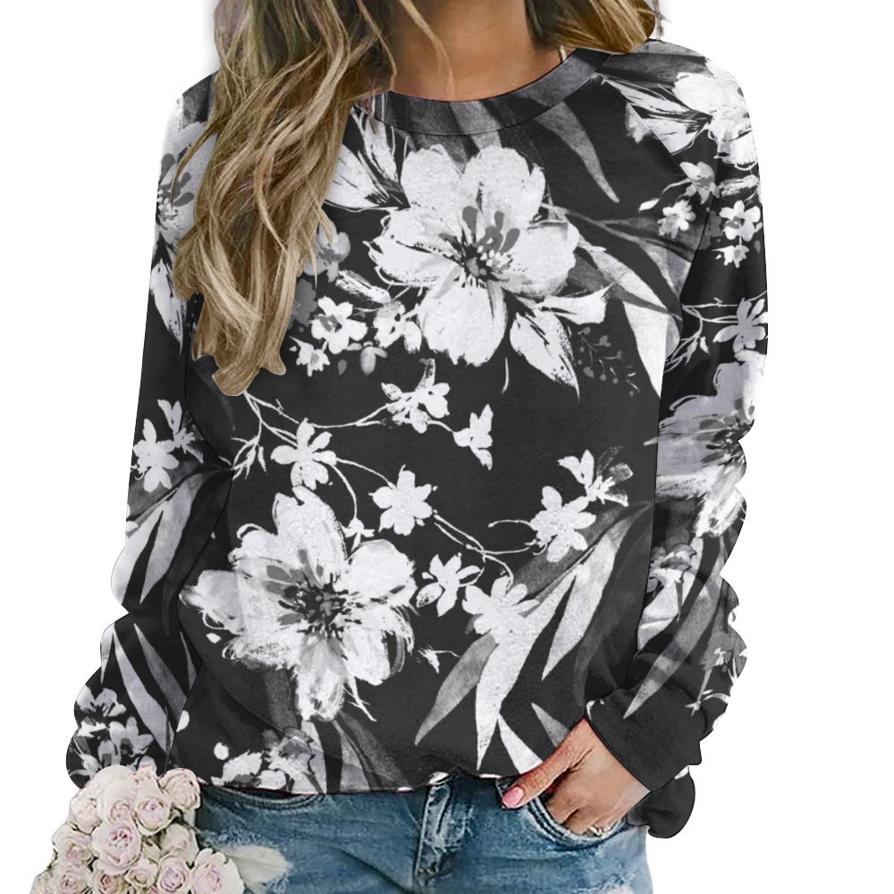 Monochrome Floral Dance Women's Raglan Crewneck Sweatshirt (RHDEC2)
